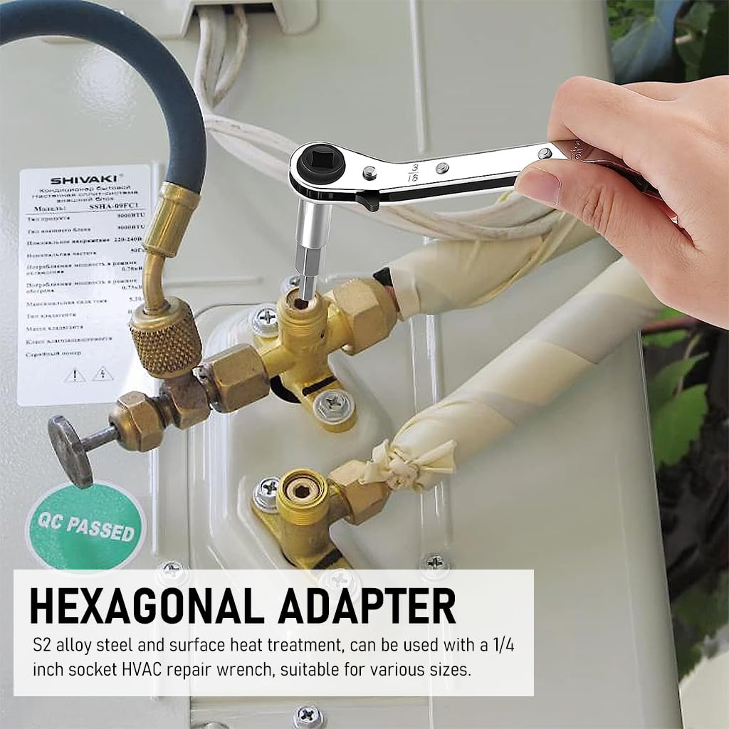 Serplex Hvac Service Wrench Tool, 3/16'' to 3/8'' 5/16'' x 1/4'' Air Conditioner Valve Ratchet Wrench with 2 Hexagon Bit Adapter Kit Refrigeration Service Wrench Set Car Repair Tool Wrench Tool Serplex Hvac Service Wrench Tool, 3/16'' to 3/8'' 5/16'' x 1/4'' Air Conditioner Valve Ratchet Wrench with 2 Hexagon Bit Adapter Kit Refrigeration Service Wrench Set Car Repair Tool Wrench Tool
